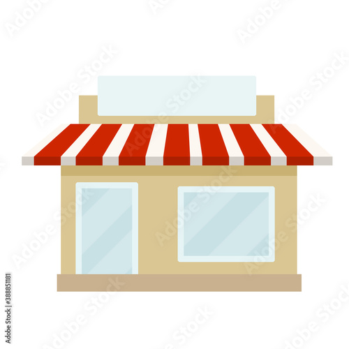 Small shop. Store with red roof. Food trade and supermarket. Facade of the house with showcase. Cartoon flat illustration. Town and city. Element of urban landscape