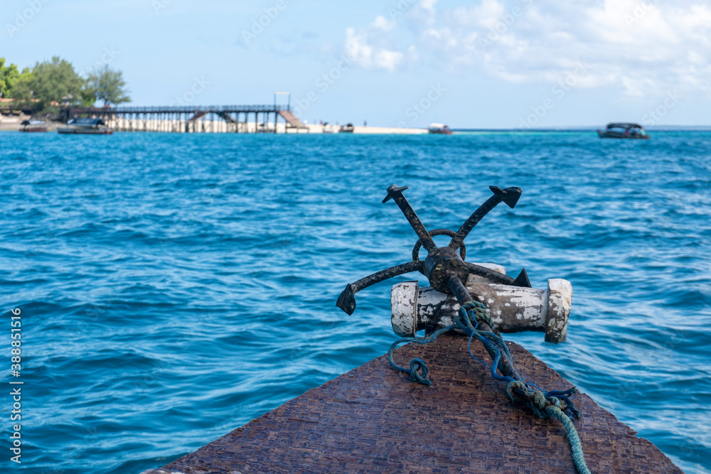 Fototapeta premium Bow side of Traditional Zanzibar Dhow boat with anchor and Rope