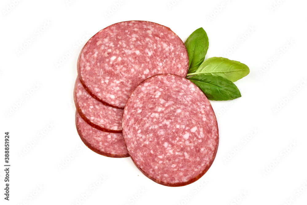 Smoked Salami Slices, isolated on white background Smoked Salami Slices, isolated on white background