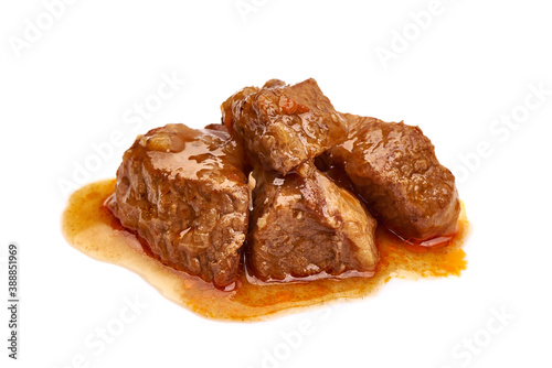 Beef stew, traditional homemade goulash, Hungarian bograch, isolated on white background