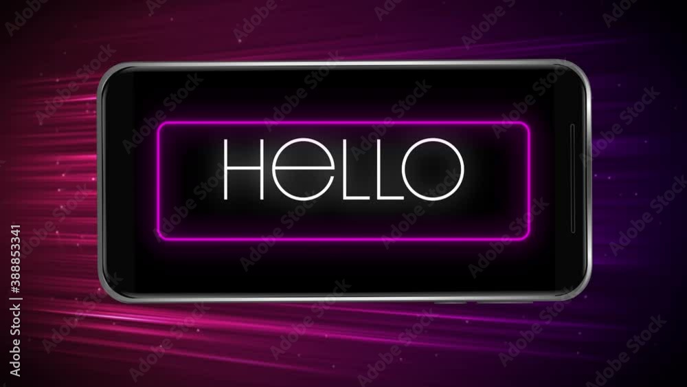 Digital animation of hello text on neon rectangle frame against light trails on purple background Digital animation of hello text on neon rectangle frame against light trails on purple background
