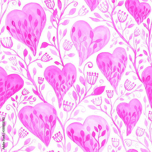 Pink watercolor hearts and flowers seamless pattern on a white background. Pink and purple romantic endless print for Valentine's Day. Hand-drawn floral heart digital paper for fabric, wrapping paper.
