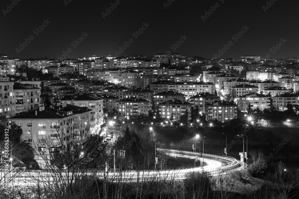 City lights and road in black and white