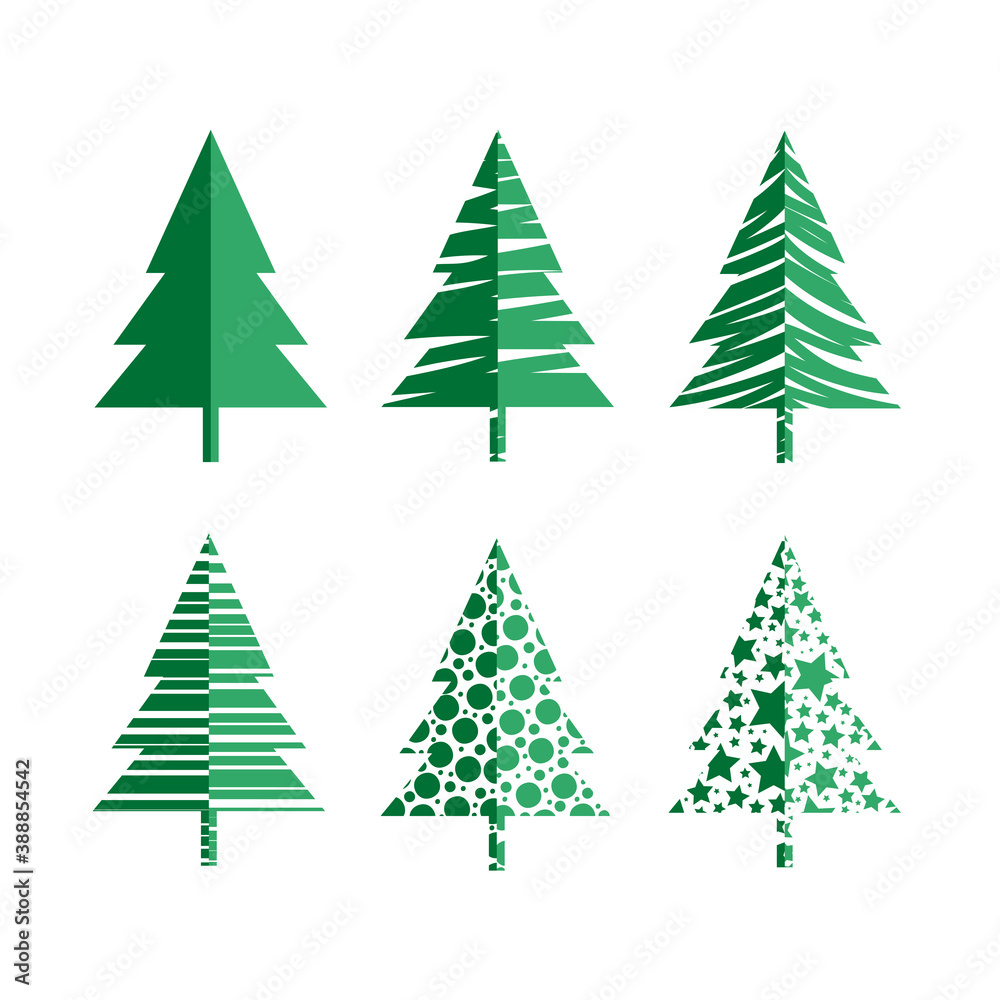 Vector set of flat green Christmas trees. Forest of fir trees. 