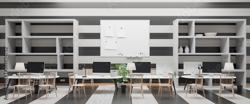 Modern office with computers mockup. Black screen. 3d illustration © photostocklight
