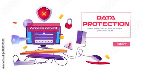 Data protection banner with computer and access denied notification. Hacker attack, antivirus, firewall cyber security, computing internet network secure digital technology cartoon vector illustration