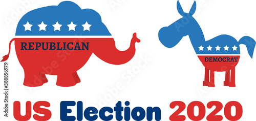 Political Elephant Republican Vs Donkey Democrat. Vector Illustration Flat Design Style Isolated On White Background With Text