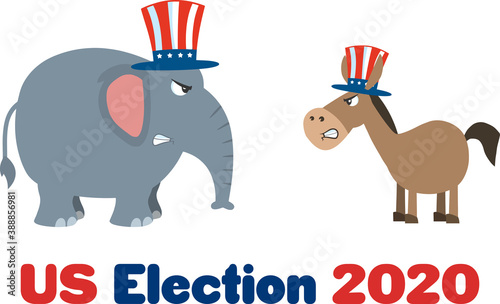 Political Elephant Republican Vs Donkey Democrat. Vector Illustration Flat Design Style Isolated On White Background With Text