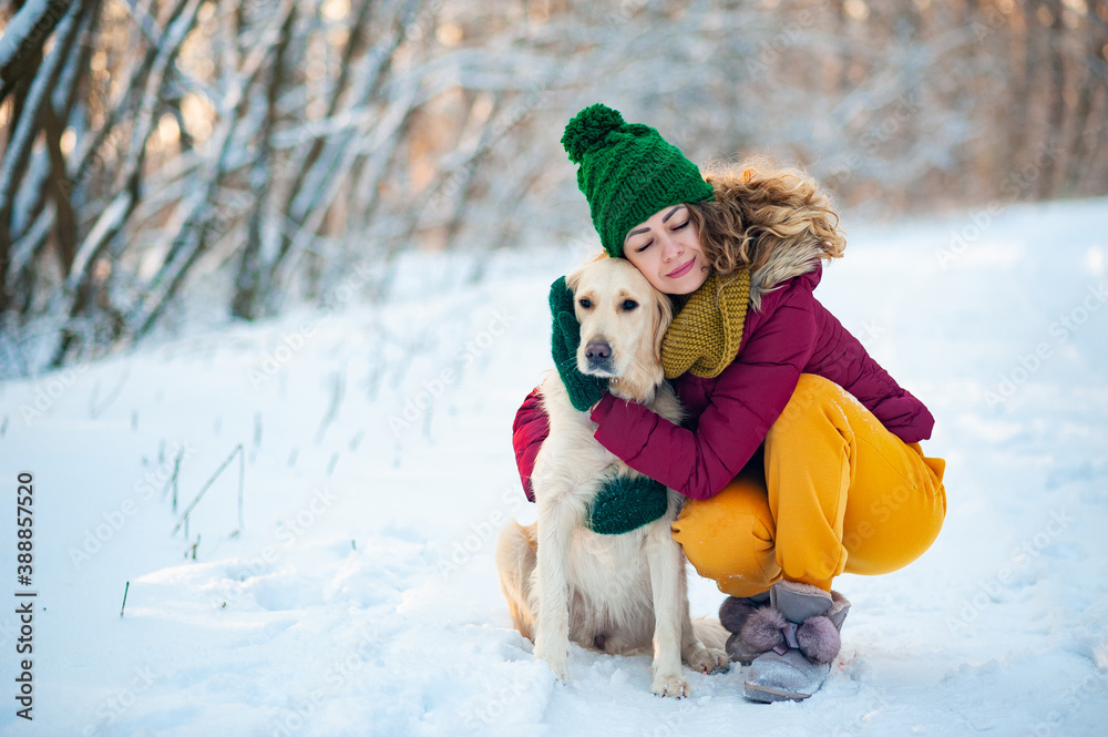 Smiling woman hugging her pet dog golden retriever near face. Golden retriever playing with a woman walking outdoors winter day, warm clothing. love and care for the pet. Smiling woman hugging her pet dog golden retriever near face. Golden retriever playing with a woman walking outdoors winter day, warm clothing. love and care for the pet.