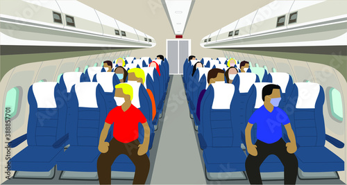 Ilustración vectorial que muestra el interior de un avión con algunos pasajeros a bordo, respetando las nuevas medidas de seguridad por el coronavirus, usando sus máscaras y distanciándose.
