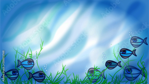 Acht Fische am Meeresgrund. Hintergrund mit weichen Wellenstrukturen in verschiedenen Blau- und Weißtönen wie ein unscharfes Foto.