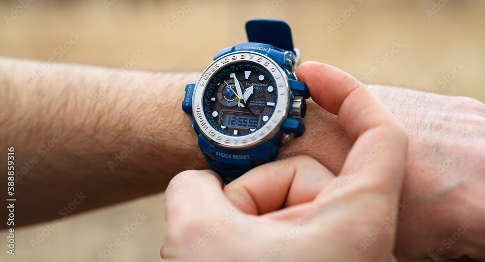 Smakhtino / Russia - April 2020: Casio G-shock GWN-1000 watches blue color  from the electronics manufacturer
