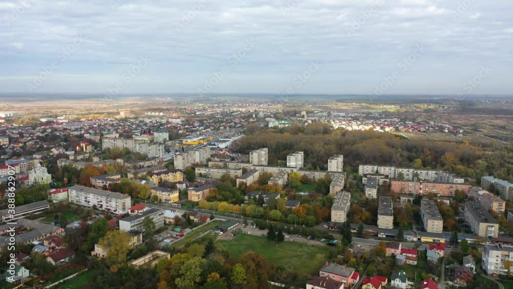 Aerial drone view of Drohobych city, pull back with pan Aerial drone view of Drohobych city, pull back with pan