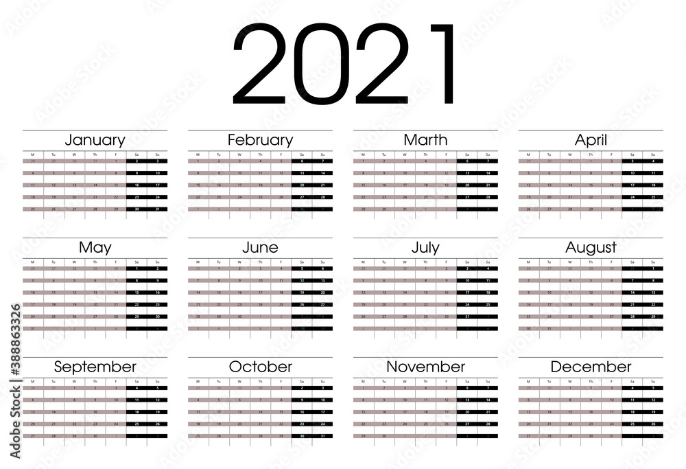 Obraz premium Calendar 2021. Planner 2021 year. Calendar design template. English calender. Сolor vector. Week starts on Sunday.