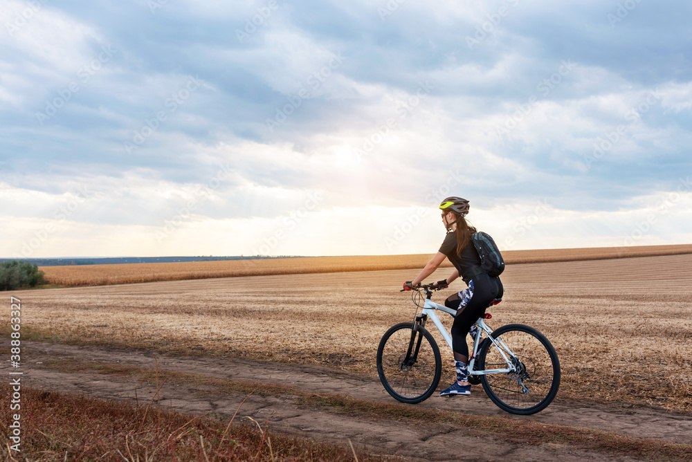 girl on a bicycle travels on a sunny field