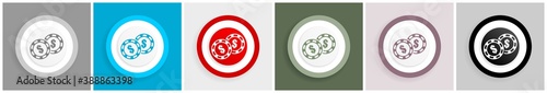 Casino chips icon set, colorful flat design vector illustrations in 6 options for web design and mobile applications