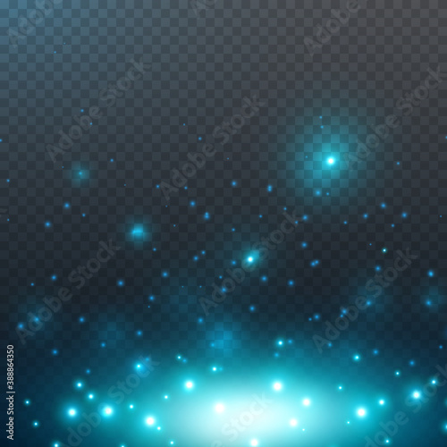 Sparkle glitter texture and white glowing lights effect. Vector sparks isolated on blue magic transparent background for greeting card design