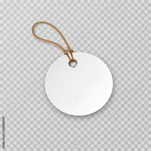 Tag with rope isolated on transparent background. Circle cardboard label, paper sale or gift empty sticker. Vector blank round price, promo offer mockup.