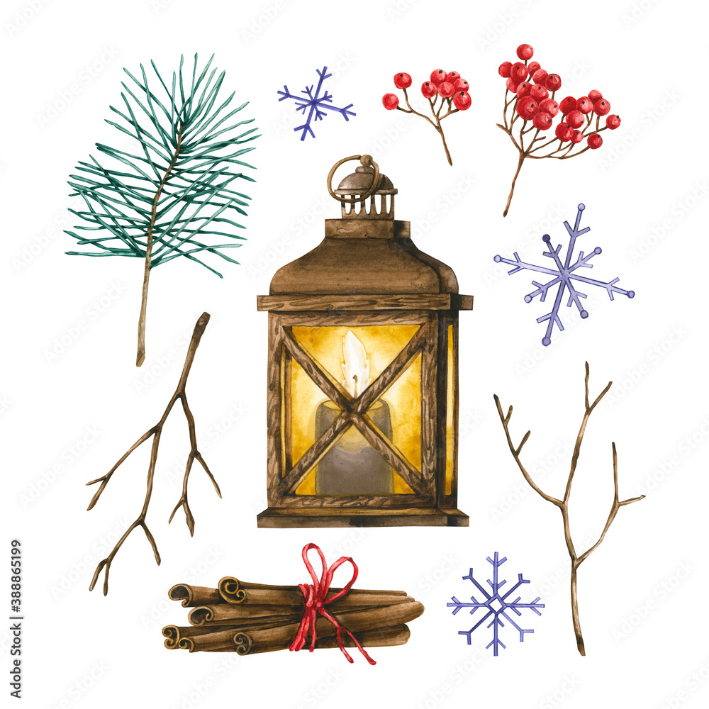 Watercolor set of burning candle, cinnamon, branches, snowflakes, red berries. Hand drawn illustrations is isolated on white. Winter collection is perfect for vintage design, greeting card, poster