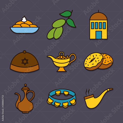 synagogue and hanukkah icon set, line and fill style