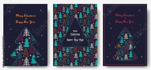 Colored christmas party invitation, banner, poster or postcard with forest silhouette for the new year holiday. Winter illustration of spruce tree for december design