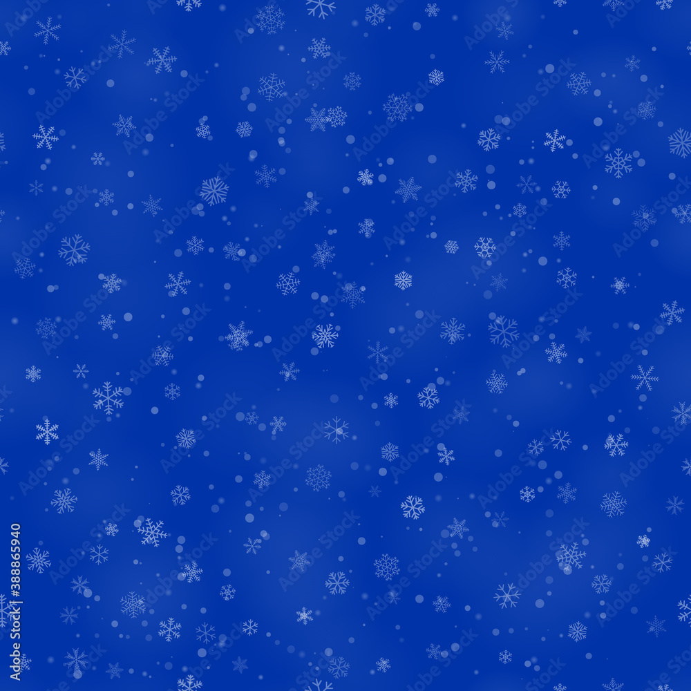 Christmas seamless pattern of snowflakes of different shapes, sizes and transparency, on blue background