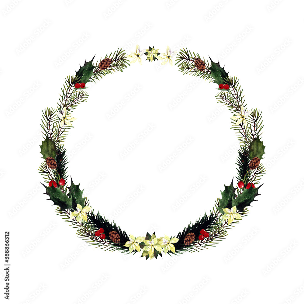 Watercolor christmas wreath with flowers, holly leaves, cones, pine branches, berries. Hand drawn illustration