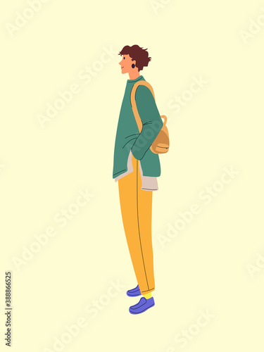 person standing alone with brown backpack