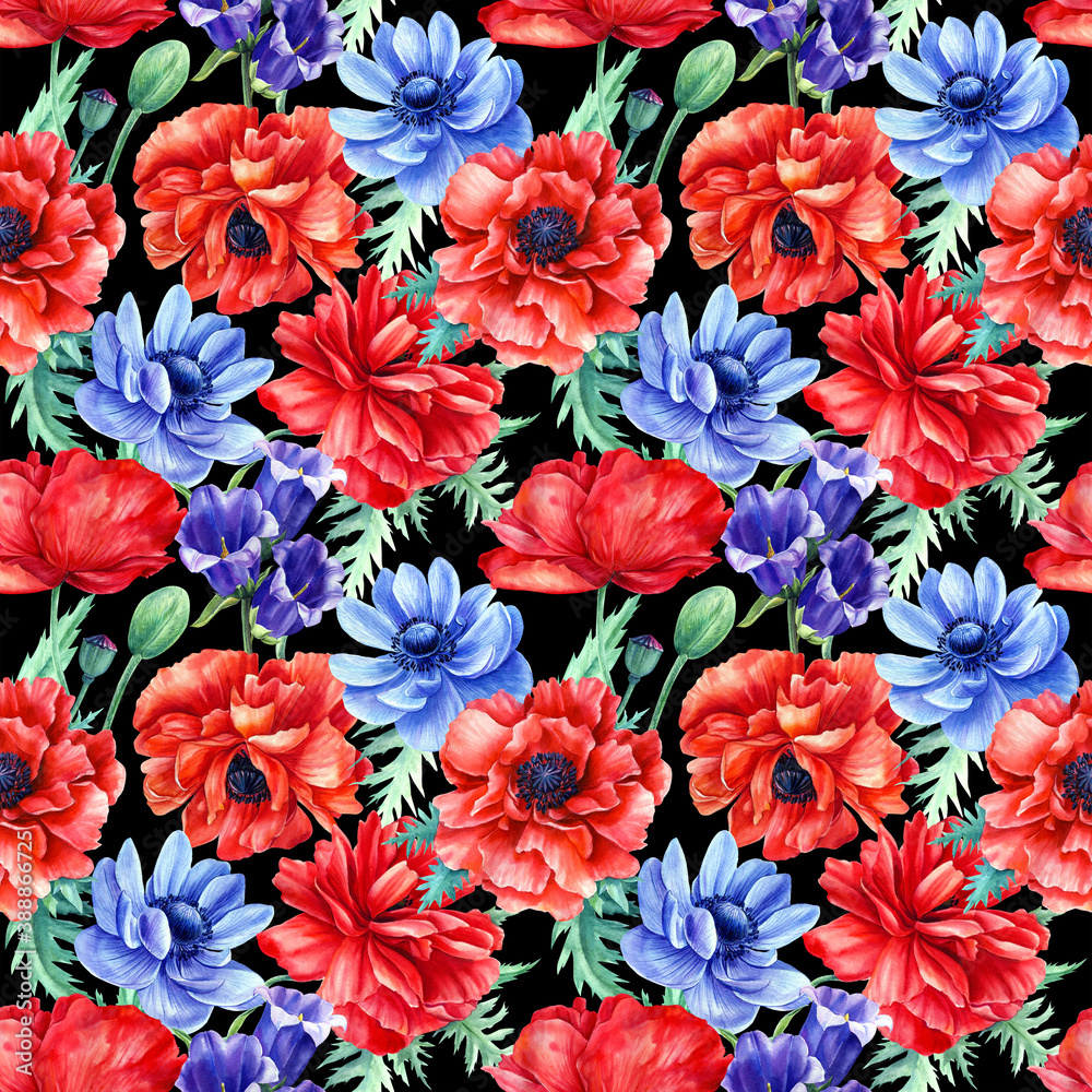 Seamless pattern of red poppies and blue anemones flowers on isolated black background, watercolor illustration