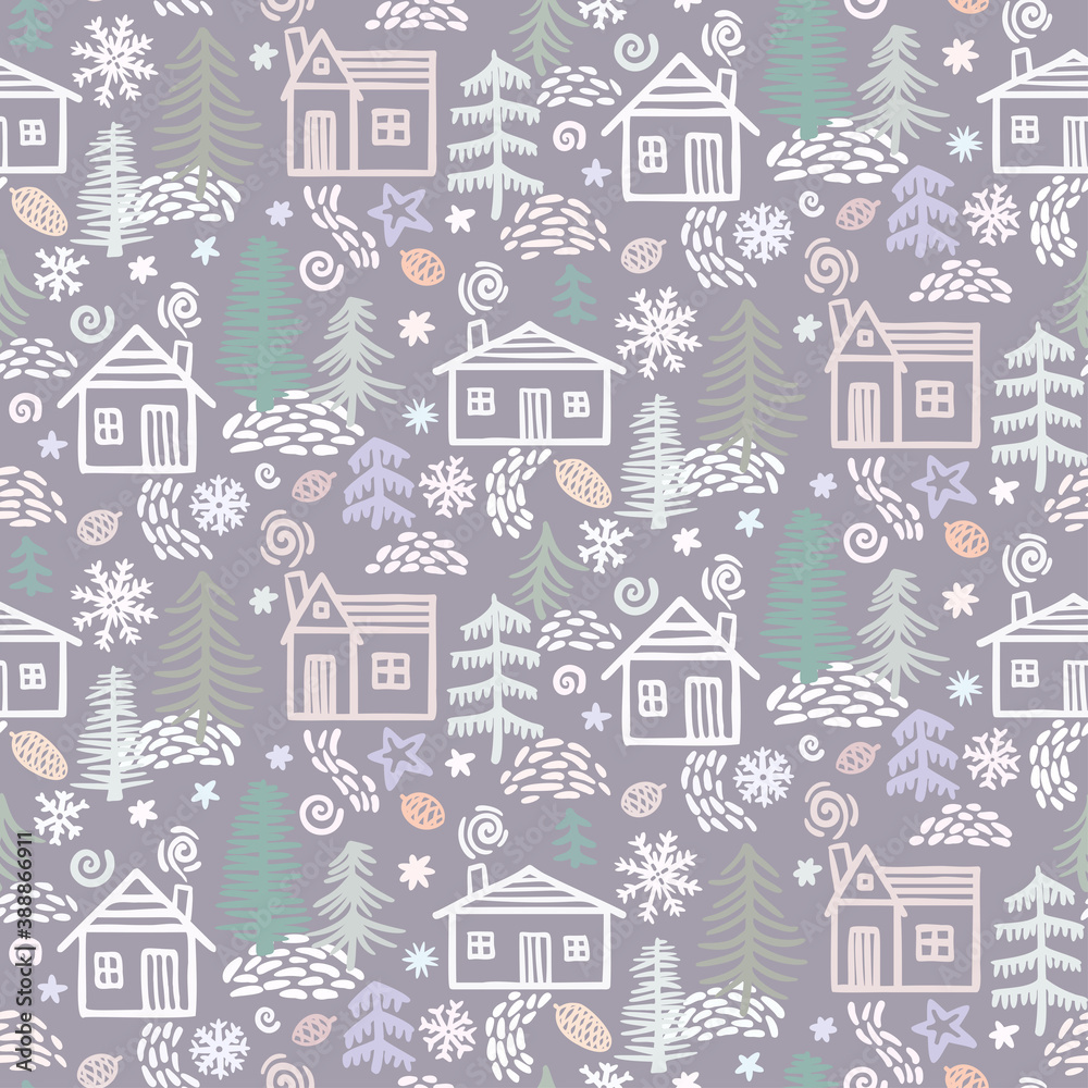 Pattern of hand drawn winter forest elements. Christmas design background. Colors Illustration with houses, winter forest, snowflakes, drifts, pines, trees, cones, berry, bushes, stars.