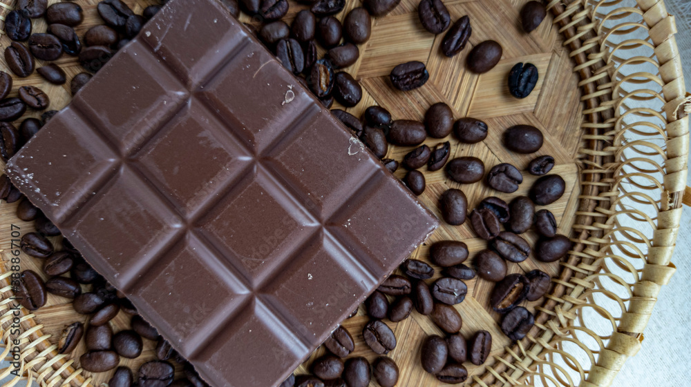 Photo of chocolate bar, coffee beans