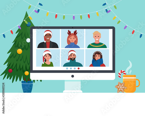 Video conference with people group in winter costumes, meeting online. Friends talking on video. Computer screen, Christmas tree, cup with candy, Flat vector illustration.