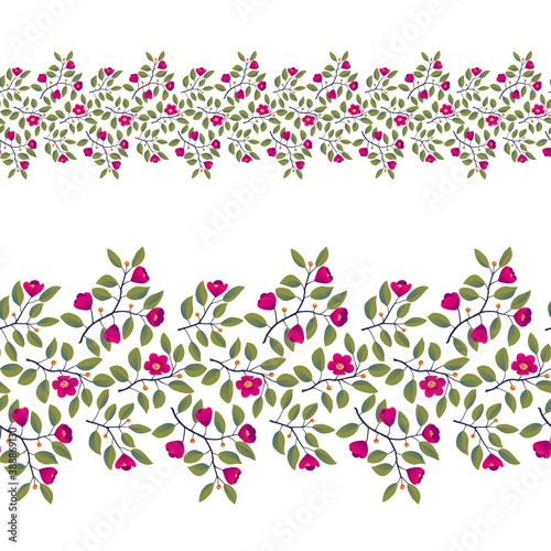 Floral seamless border, branches with leaves and bright magenta flowers on white. Vector illustration, design for poster, banner, invitation, book, fashion fabric, wrapping.