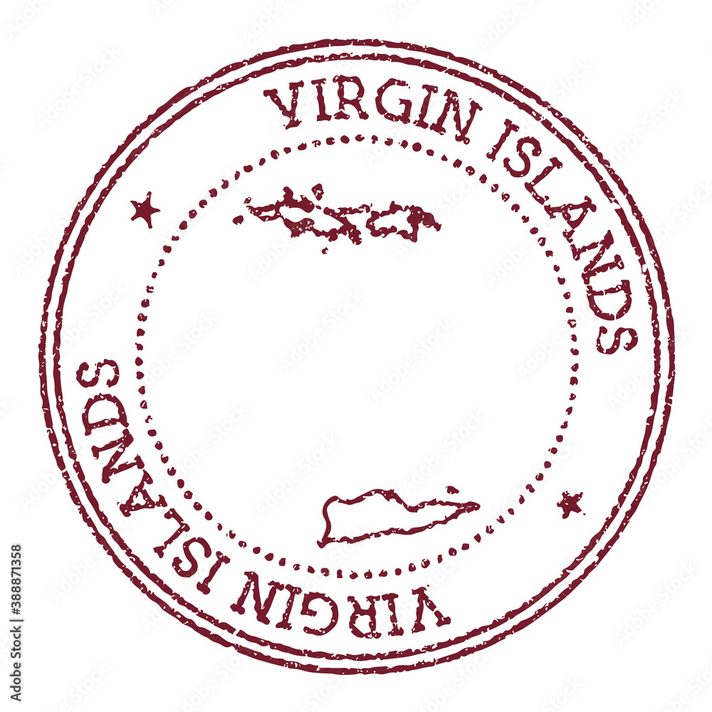 Virgin Islands round rubber stamp with island map. Vintage red passport stamp with circular text and stars, vector illustration. Virgin Islands round rubber stamp with island map. Vintage red passport stamp with circular text and stars, vector illustration.