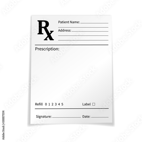 Blank medical prescription form isolated on white background. Realistic vector illustration of Rx pad template. Empty mockup for treatment and drug list