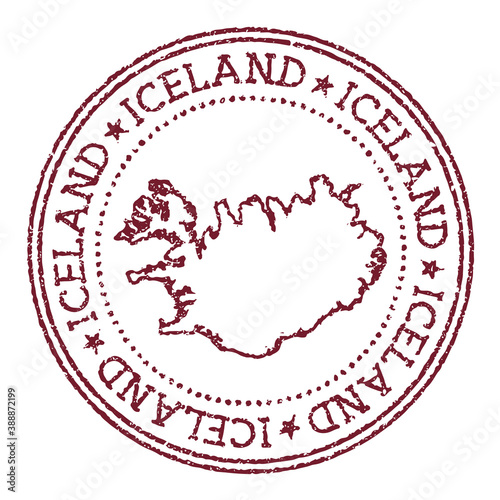 Iceland round rubber stamp with country map. Vintage red passport stamp with circular text and stars, vector illustration.