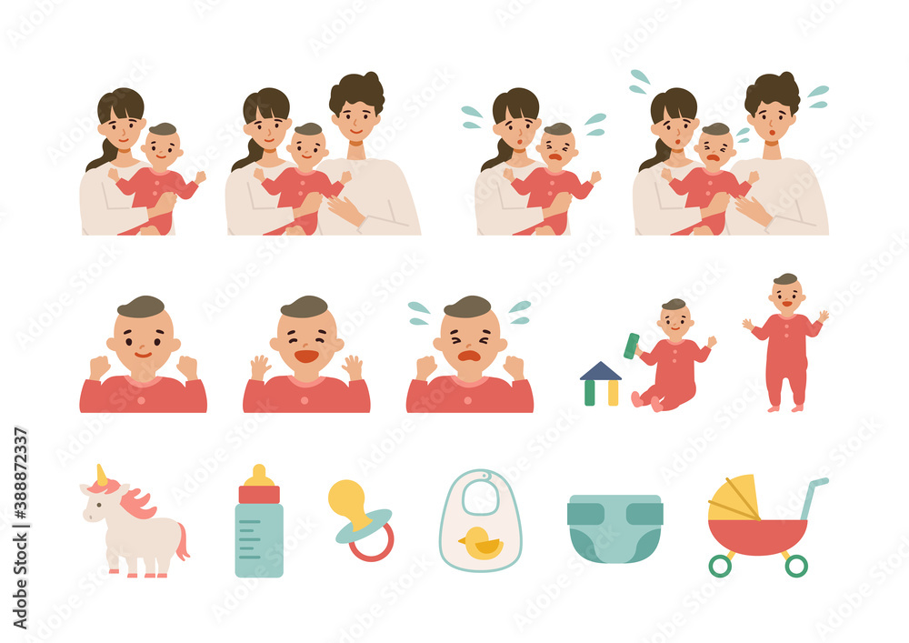 若いパパ ママと赤ちゃんのイラストセット Stock ベクター Adobe Stock