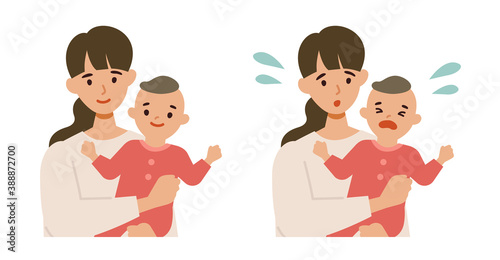 笑顔の若いママと赤ちゃんのイラストセット