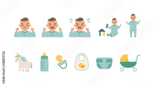 男の子の赤ちゃんとベビー用雑貨のイラストセット