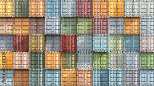 Stack of shipping containers. Front view. Colorful cargo boxes. Dockyard, industrial port. 3d rendering.