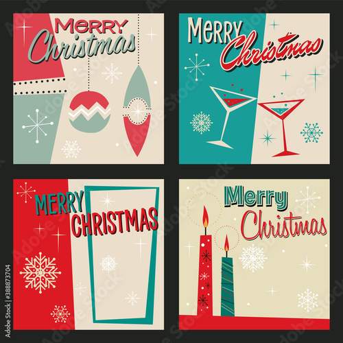 Merry Christmas Greetings, Mid Century Modern Holiday Season Greeting Cards Style Illustrations 