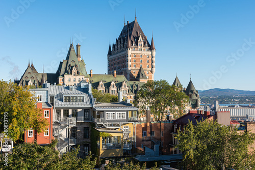 The Frontenac Castle from the Saint-Denis terrace in the old Quebec city (Canada) under a blue sky at the beginning of the autumn.