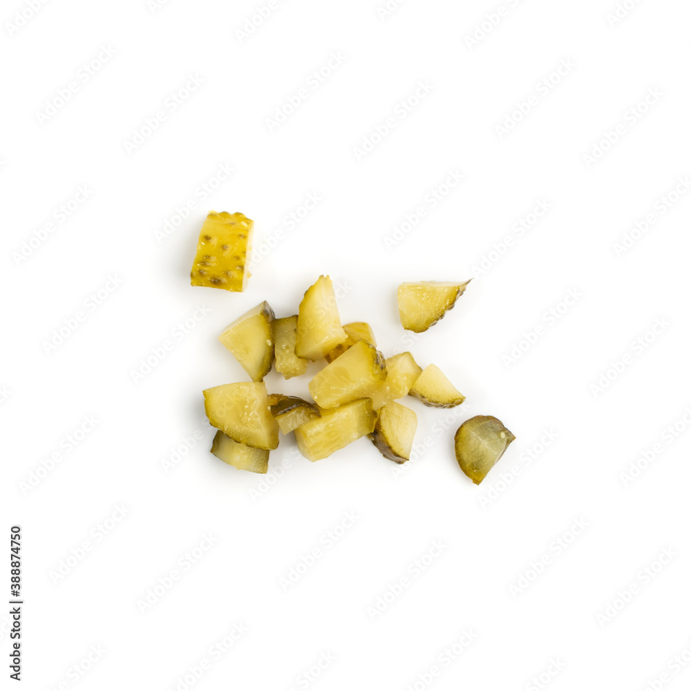 Diced Pickled Gherkins or Chopped Cucumbers Isolated on White Diced Pickled Gherkins or Chopped Cucumbers Isolated on White