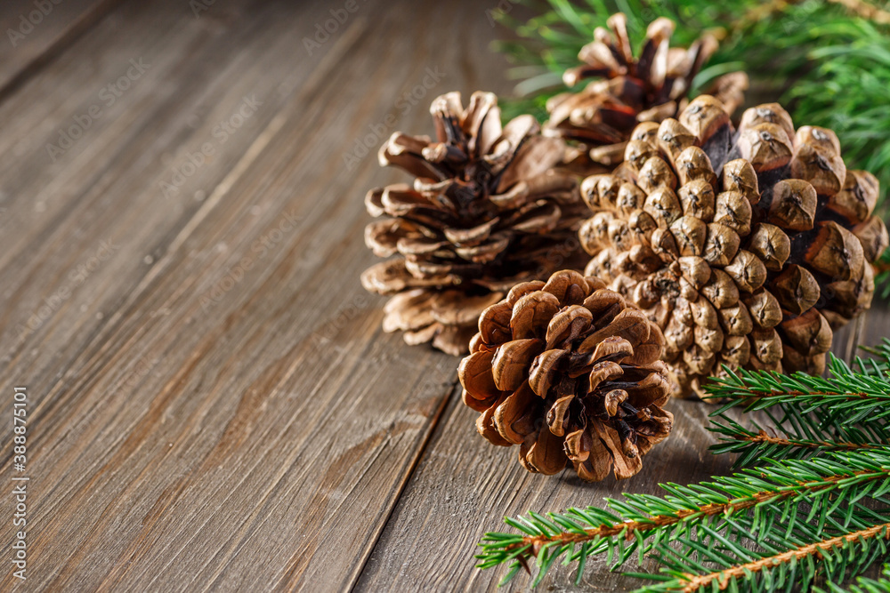 Pine cone and green branch on wooden table with snow, copy space for text.Christmas card. Pine cones on wooden background. Pine cone and green branch on wooden table with snow, copy space for text.Christmas card. Pine cones on wooden background.