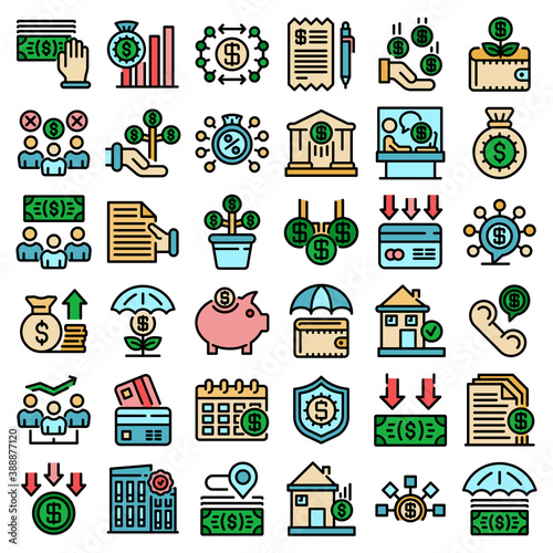 Subsidy icons set. Outline set of subsidy vector icons thin line color flat on white