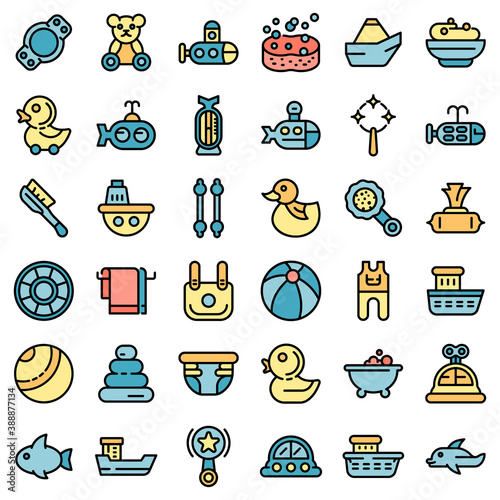 Bath toys icons set. Outline set of bath toys vector icons thin line color flat on white