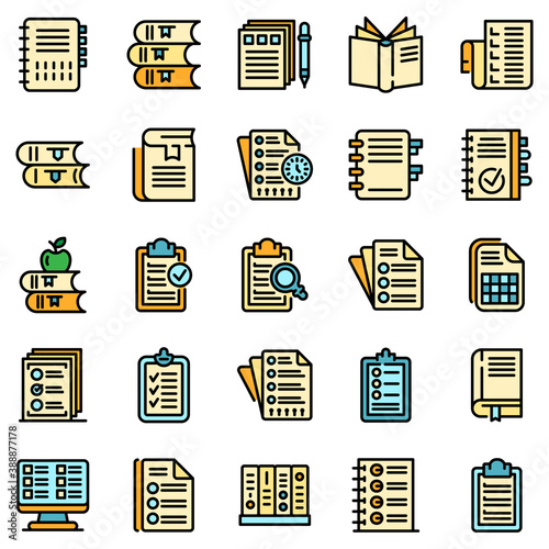 Syllabus icons set. Outline set of syllabus vector icons thin line color flat on white