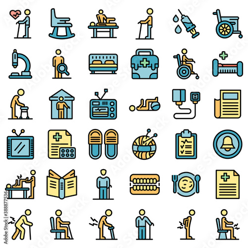 Nursing home icons set. Outline set of nursing home vector icons thin line color flat on white