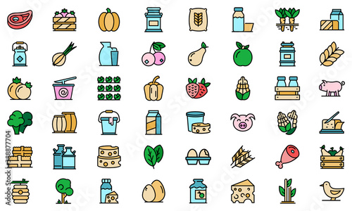Farm products icons set. Outline set of farm products vector icons thin line color flat on white