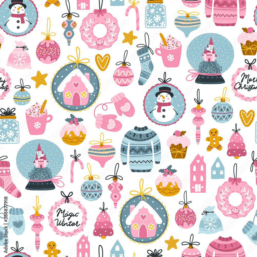 Christmas seamless pattern. Festive items, toys, and funny characters. Vector illustration in childish hand-drawn Scandinavian style. Limited pastel palette on dark background ideal for printing